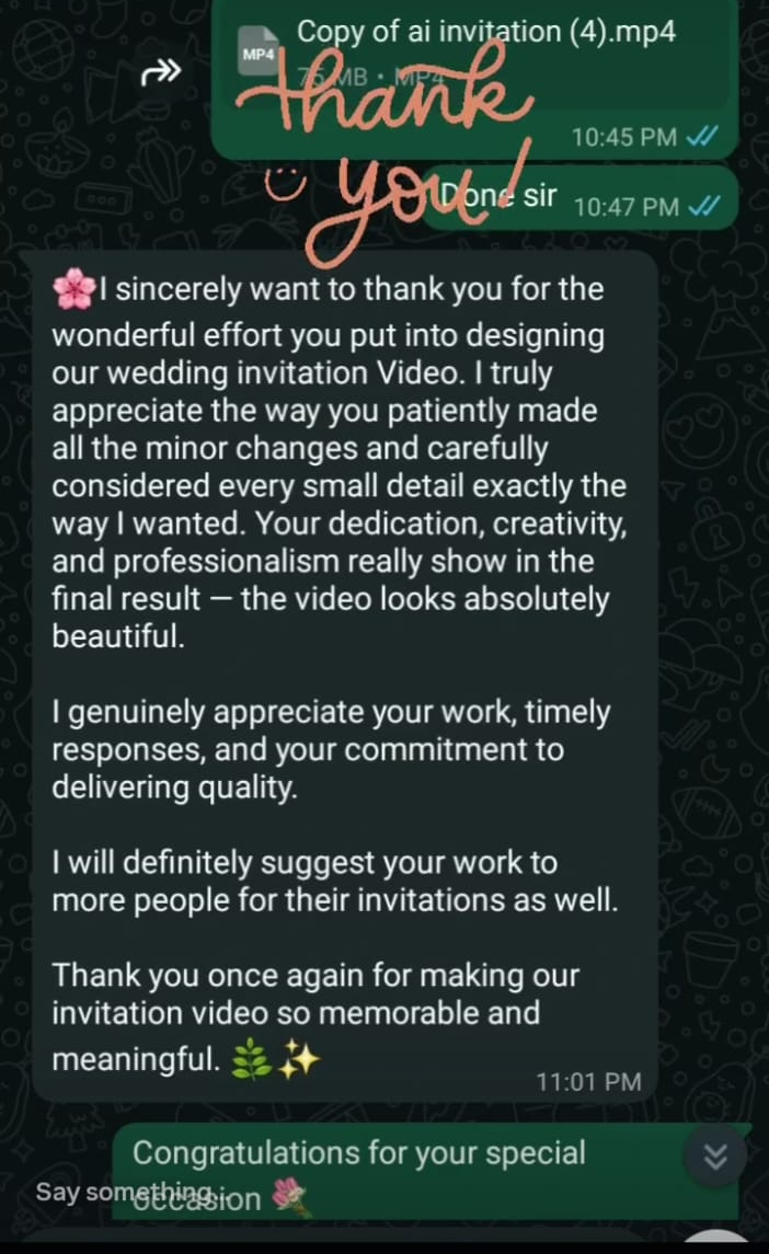Client feedback praising the wedding invitation, quick delivery and changes